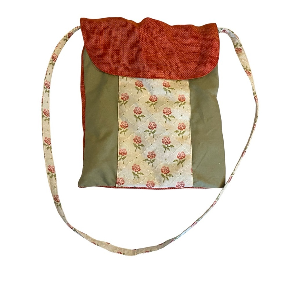 Handmade Burlap Floral Sage Green Rust Cottagecore Tote Bag Purse Boho Prairie